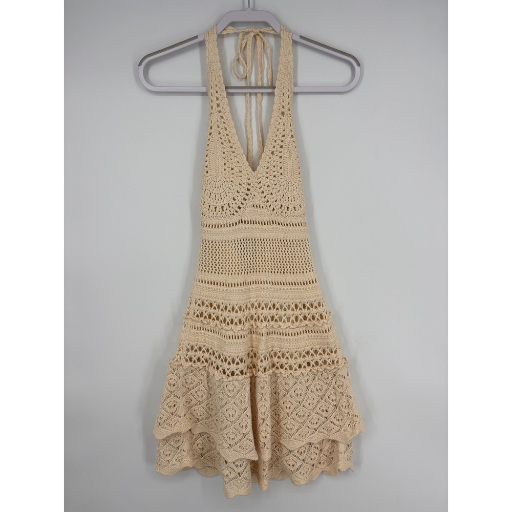 Moda International Dress Womens S Cream Crochet Cotton Halter Festival Boho